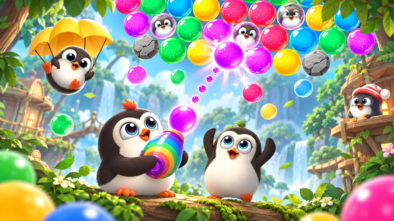Penguins launching colorful bubbles in a fantasy forest